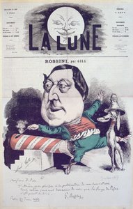 Framsidan av tidningen "La Lune" med en karikatyr av Rossini med ett budskap och autograf av kompositören, 27 juni 1867